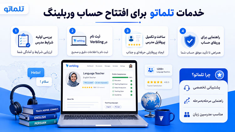 افتتاح حساب وربلینگ | ثبت نام در وربلینگ | وریفای حساب وربلینگ | احراز هویت وربلینگ | افتتاح حساب وربلینگ | ساخت اکانت وربلینگ | ساخت پروفایل مدرس در وربلینگ | تکمیل پروفایل وربلینگ | وربلینگ برای مدرسین ایرانی | آموزش ثبت نام در Verbling | ثبت نام Verbling برای ایرانیان | خدمات وریفای وربلینگ | تایید حساب Verbling | تلماتو